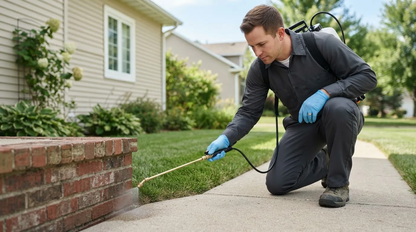 Pest control technician treating a home near Fields, OR